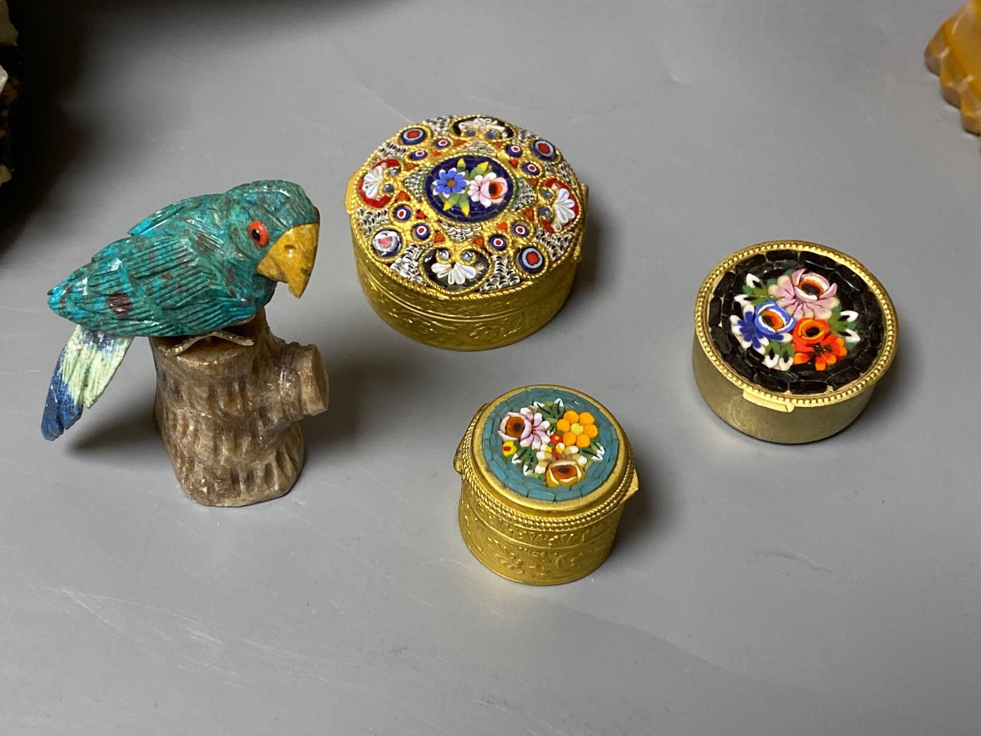 A Shona soapstone dish/duck containing eggs, a turquoise parrot on stand and various hardstone carvings and boxes